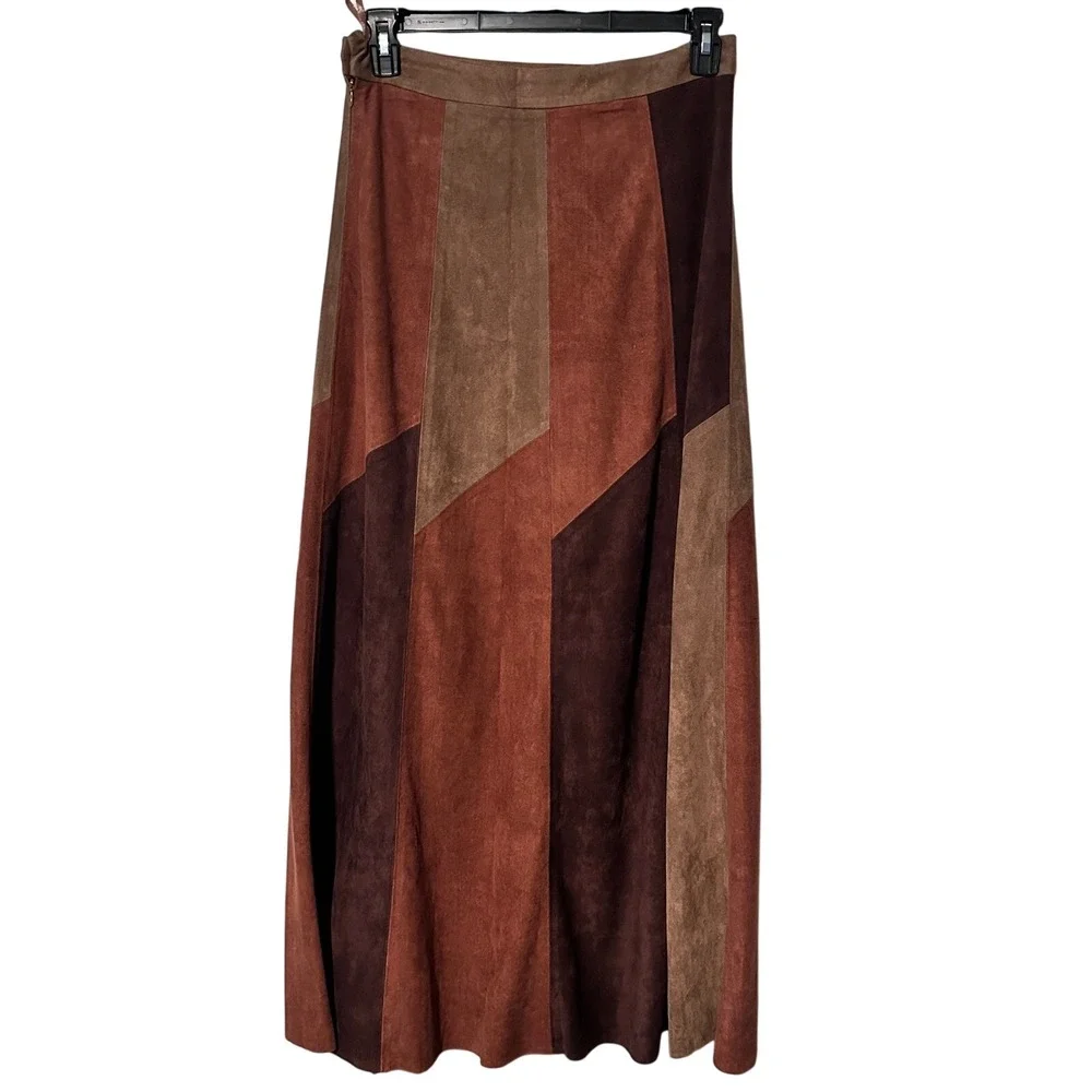Fringe Faux Suede Patchwork Maxi Skirt Brown Tan Rust Boho CP-6286 Size Large - Picture 2 of 8